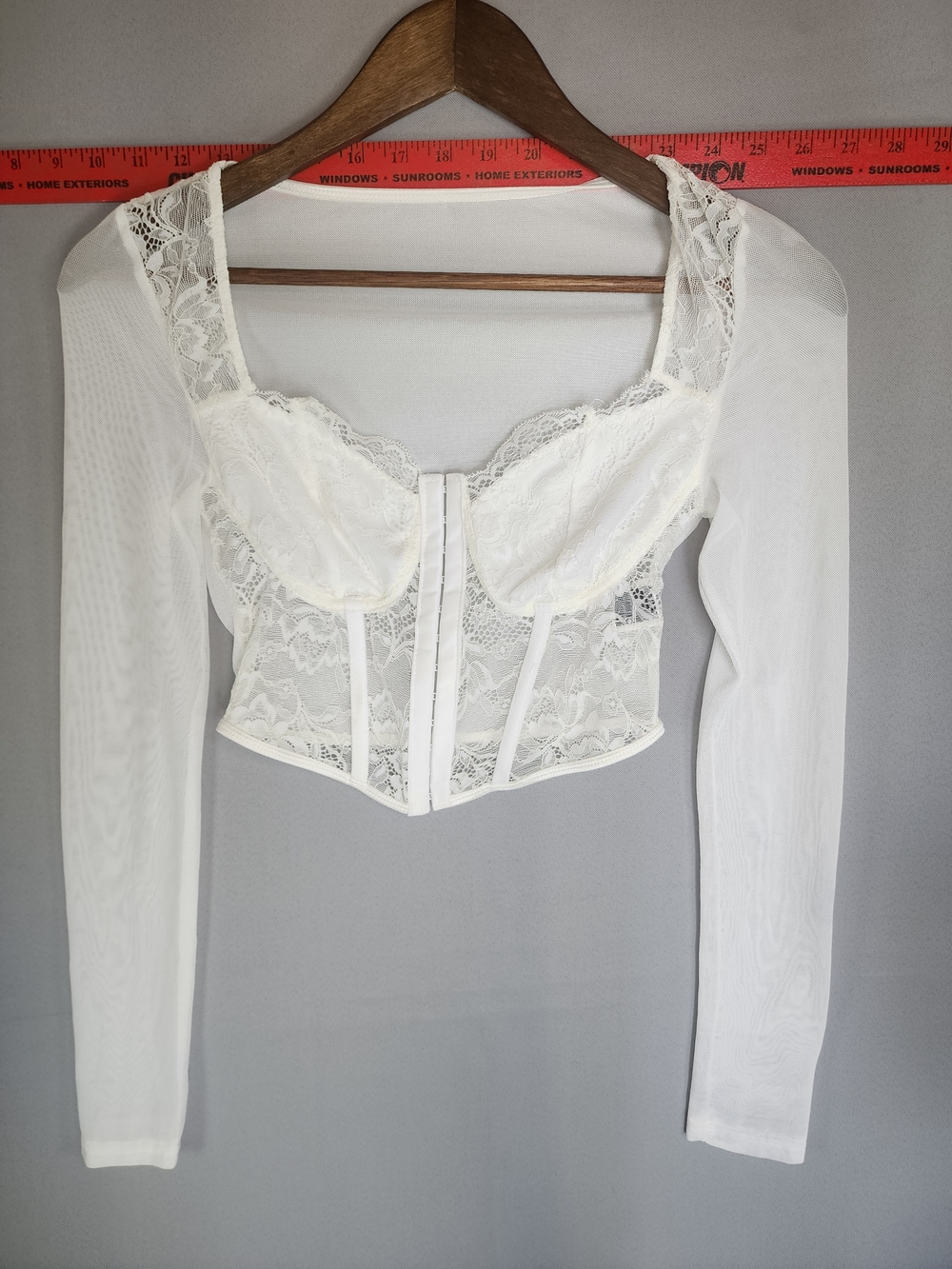 Ivory Lace Long-Sleeve Bustier Bra Top